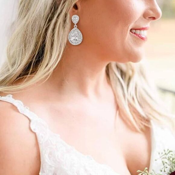 Silver with White Diamond CZ Double Teardrop Halo Dangling Post Back Earrings - Picture 3 of 4